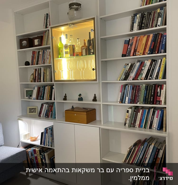 ארון ספרים עם מדפים, דלתות ותאורה פנימית